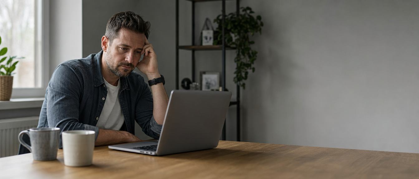 A man at a desk looking unfocused in front of a laptop